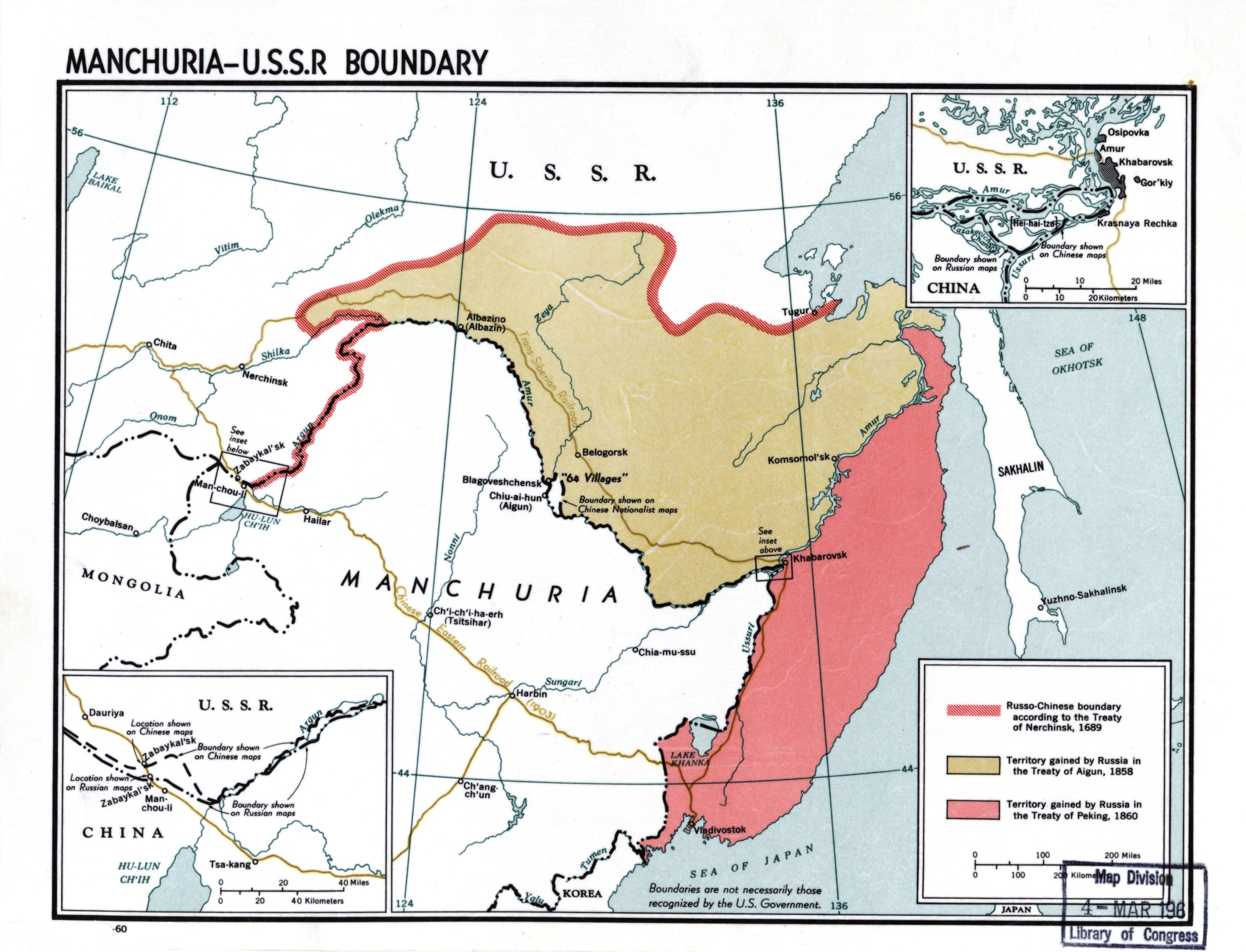 1960 年绘制的满洲与苏联历史边界地图
